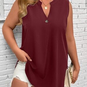 SHEIN Burgundy Sleeveless Tunic with Mandarin Collar